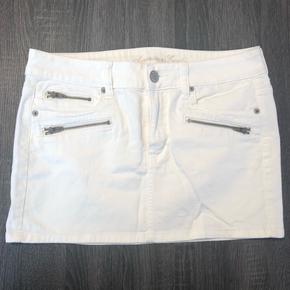 White stretch jeans mini skirt